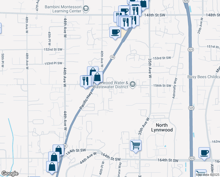 map of restaurants, bars, coffee shops, grocery stores, and more near 15517 40th Avenue West in Lynnwood