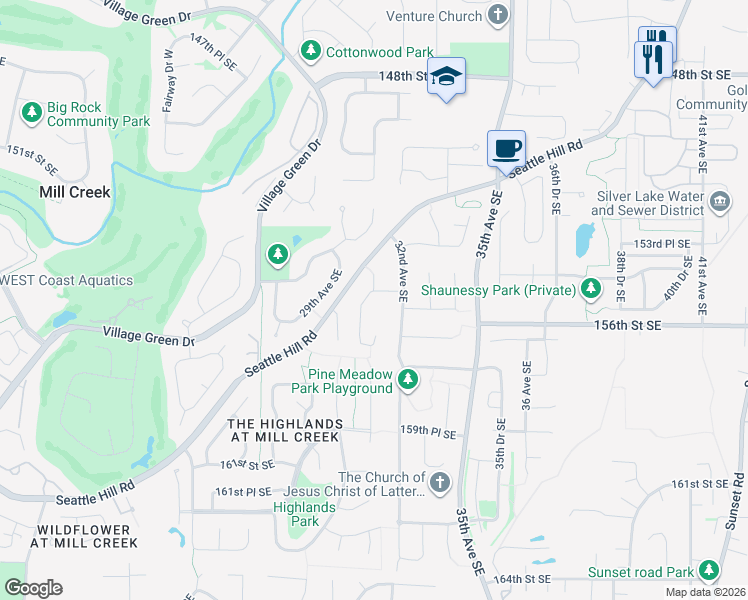 map of restaurants, bars, coffee shops, grocery stores, and more near 15426 30th Drive Southeast in Mill Creek