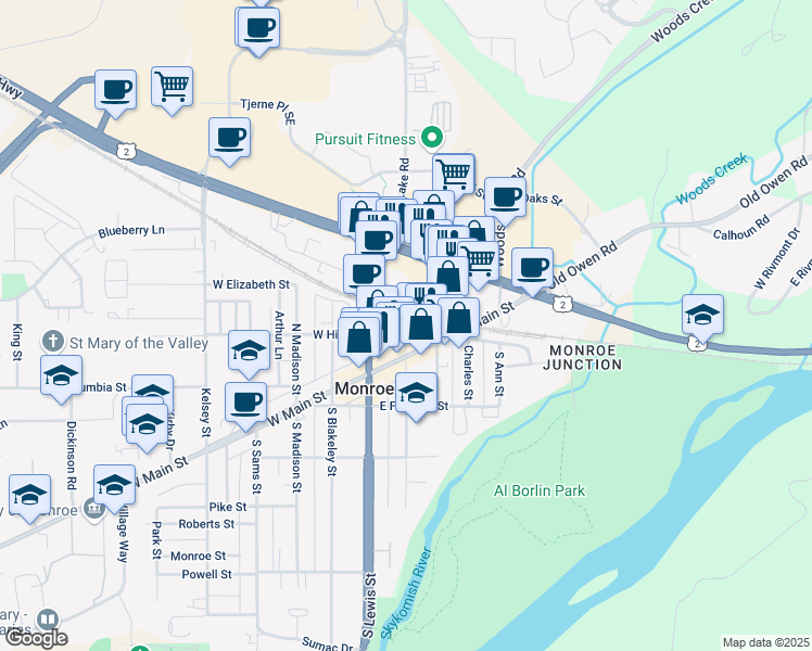 map of restaurants, bars, coffee shops, grocery stores, and more near 298 North Ferry Avenue in Monroe