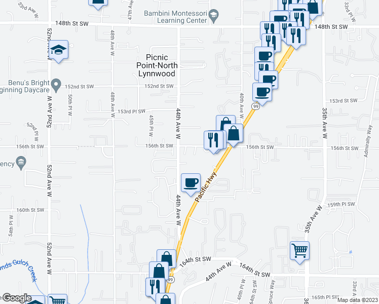map of restaurants, bars, coffee shops, grocery stores, and more near 4315 156th Street Southwest in Lynnwood
