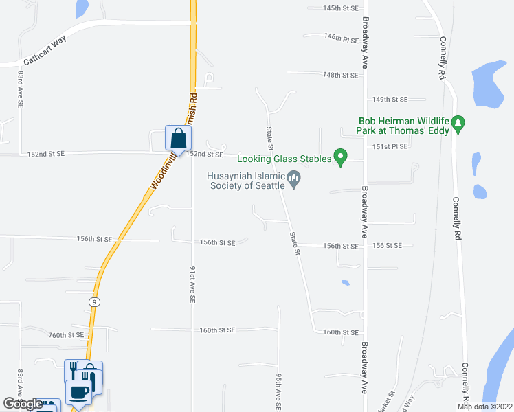 map of restaurants, bars, coffee shops, grocery stores, and more near 15412 State Street in Snohomish