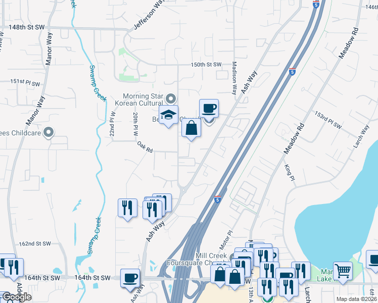 map of restaurants, bars, coffee shops, grocery stores, and more near 15517 18th Avenue West in Lynnwood