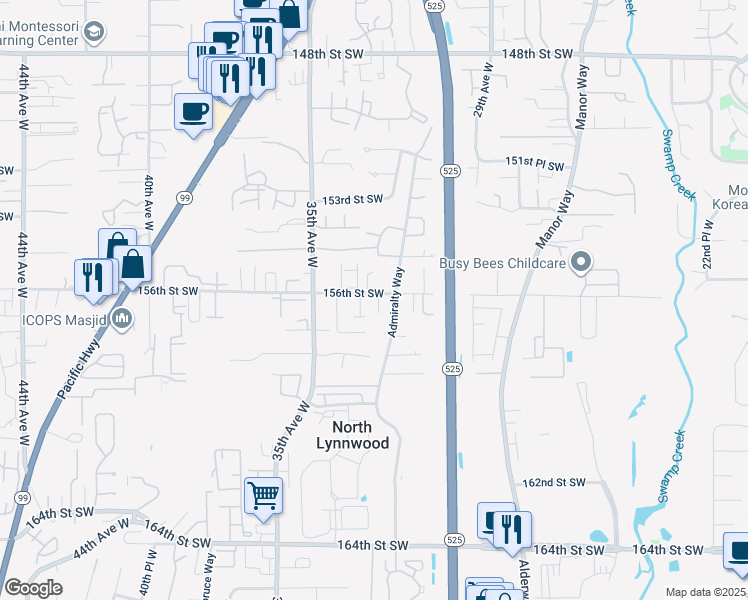 map of restaurants, bars, coffee shops, grocery stores, and more near 3225 156th Street Southwest in Lynnwood