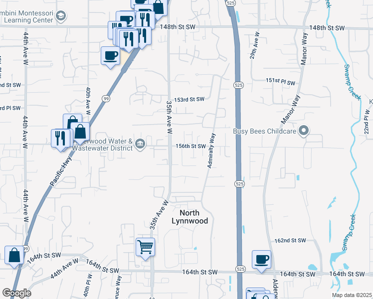 map of restaurants, bars, coffee shops, grocery stores, and more near 3311 156th Street Southwest in Lynnwood