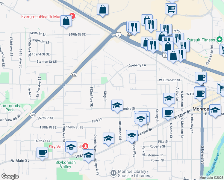 map of restaurants, bars, coffee shops, grocery stores, and more near 18460 Killarney Circle in Monroe