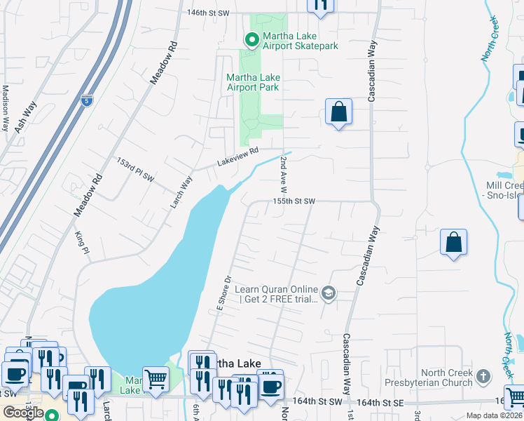 map of restaurants, bars, coffee shops, grocery stores, and more near 313 155th Street Southeast in Lynnwood