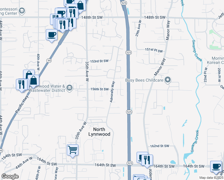 map of restaurants, bars, coffee shops, grocery stores, and more near 3225 156th Street Southwest in Lynnwood