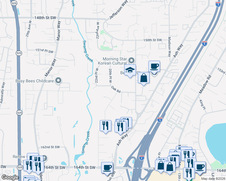 map of restaurants, bars, coffee shops, grocery stores, and more near 2020 Oak Road in Lynnwood