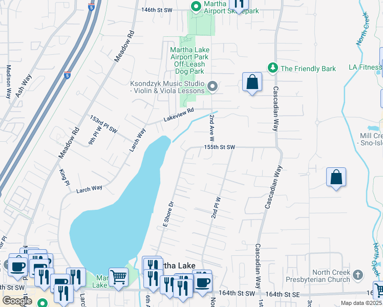 map of restaurants, bars, coffee shops, grocery stores, and more near 15525 East Shore Drive in Lynnwood