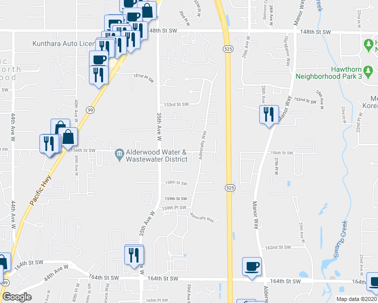 map of restaurants, bars, coffee shops, grocery stores, and more near 3311 156th Street Southwest in Lynnwood