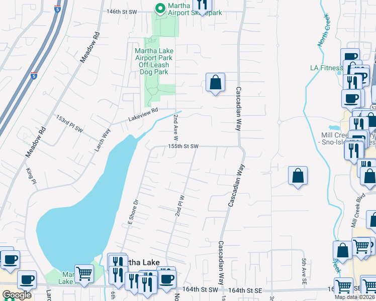 map of restaurants, bars, coffee shops, grocery stores, and more near 102 155th Street Southeast in Lynnwood