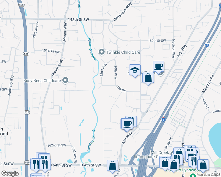 map of restaurants, bars, coffee shops, grocery stores, and more near 2114 Oak Road in Lynnwood