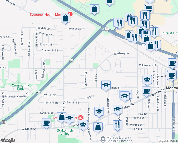 map of restaurants, bars, coffee shops, grocery stores, and more near 18240 Blueberry Lane in Monroe