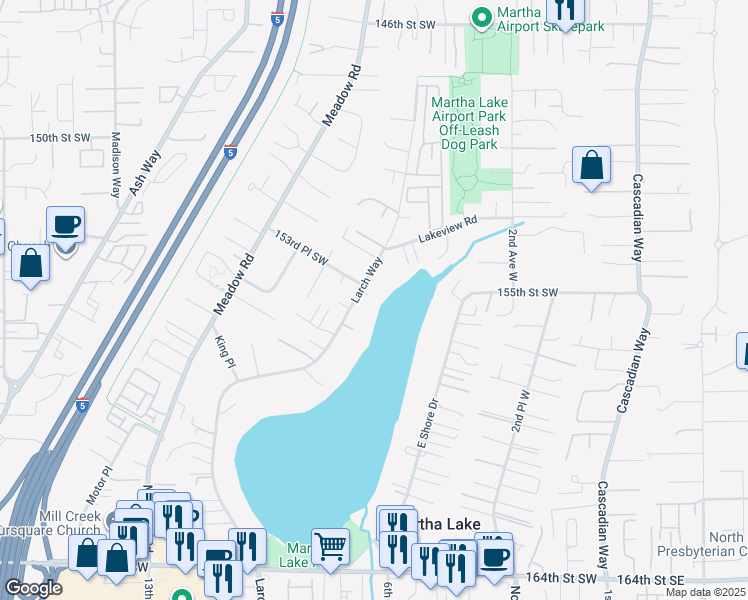 map of restaurants, bars, coffee shops, grocery stores, and more near 15509 Larch Way in Lynnwood