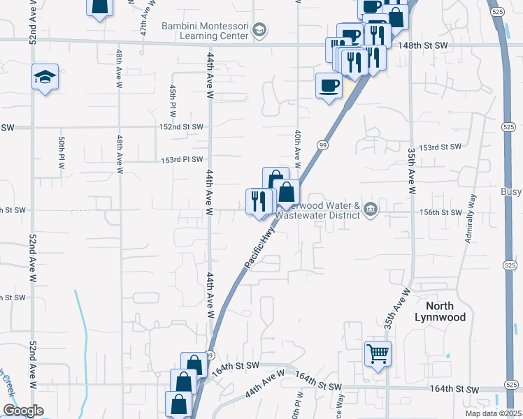 map of restaurants, bars, coffee shops, grocery stores, and more near 4109 156th Street Southwest in Lynnwood