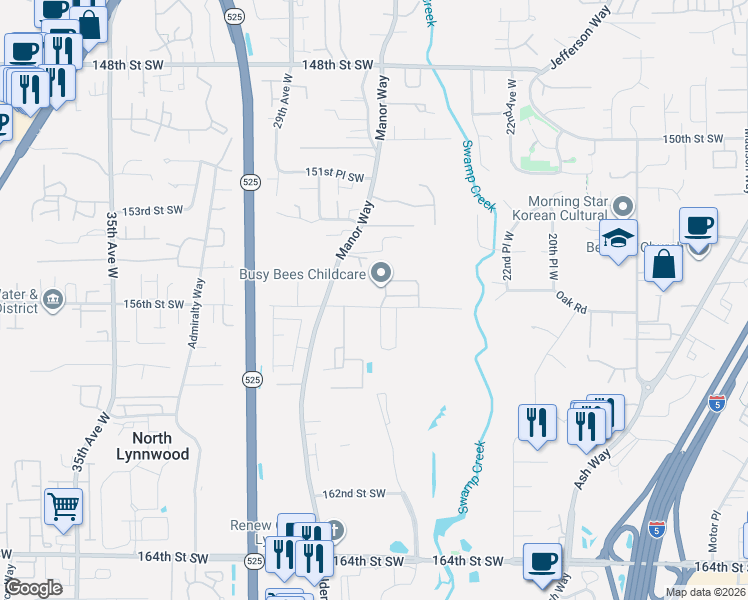 map of restaurants, bars, coffee shops, grocery stores, and more near 2615 156th Street Southwest in Lynnwood