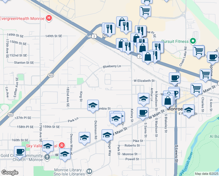 map of restaurants, bars, coffee shops, grocery stores, and more near 700 West Maple Street in Monroe