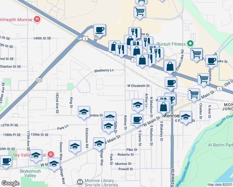 map of restaurants, bars, coffee shops, grocery stores, and more near 429 West Maple Street in Monroe