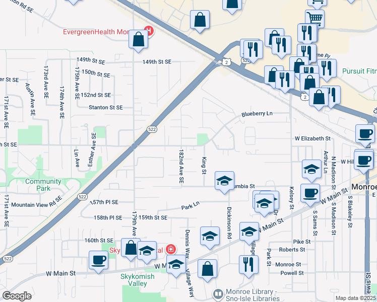 map of restaurants, bars, coffee shops, grocery stores, and more near 18240 Blueberry Lane in Monroe