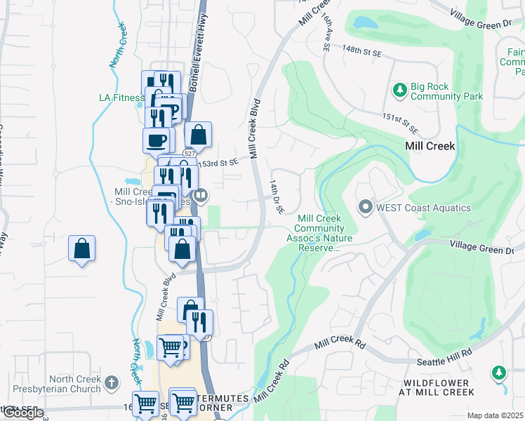 map of restaurants, bars, coffee shops, grocery stores, and more near 15402 Mill Creek Boulevard in Bothell
