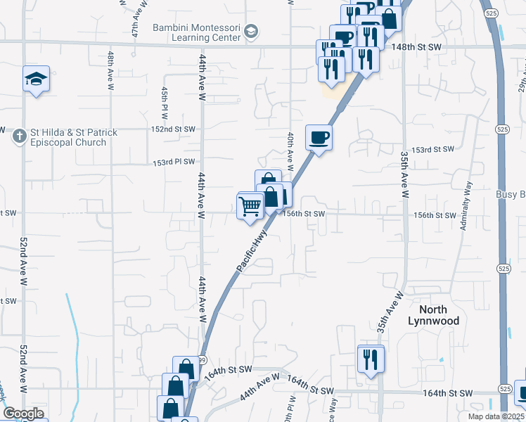 map of restaurants, bars, coffee shops, grocery stores, and more near 4109 156th Street Southwest in Lynnwood