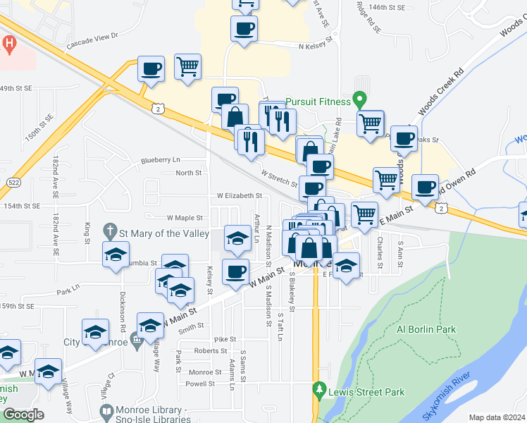 map of restaurants, bars, coffee shops, grocery stores, and more near 322 North Madison Street in Monroe