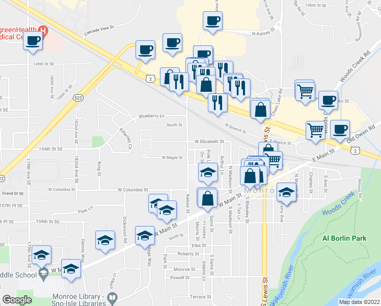 map of restaurants, bars, coffee shops, grocery stores, and more near 317 North Kelsey Street in Monroe