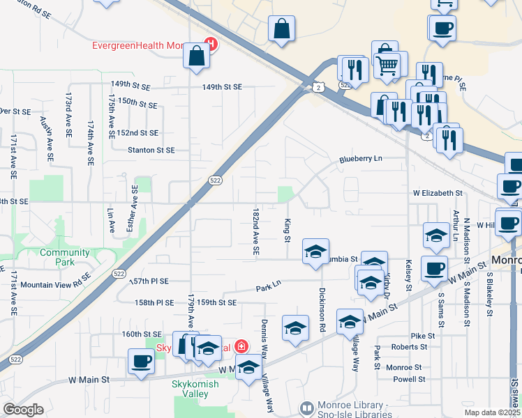 map of restaurants, bars, coffee shops, grocery stores, and more near 18240 Blueberry Lane in Monroe