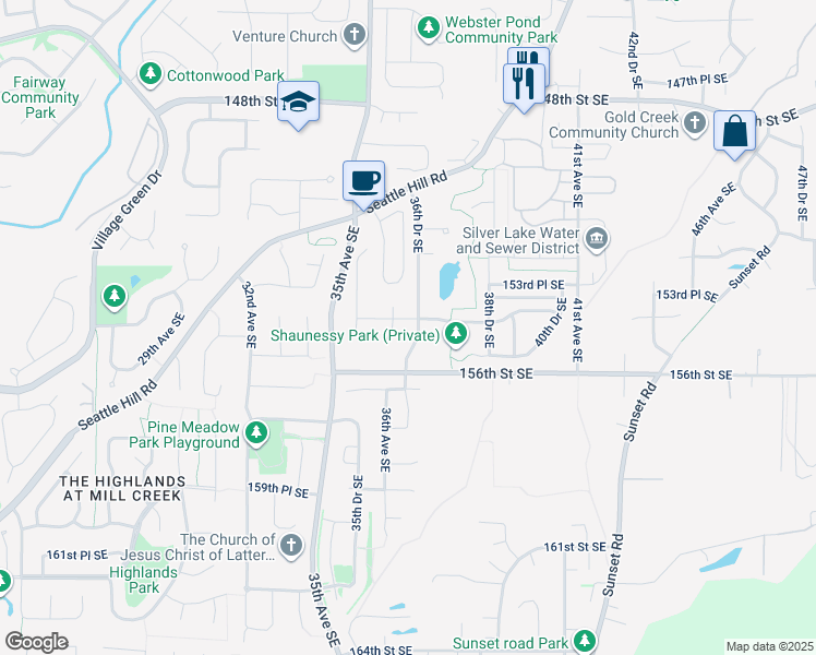 map of restaurants, bars, coffee shops, grocery stores, and more near 3614 154th Place Southeast in Mill Creek