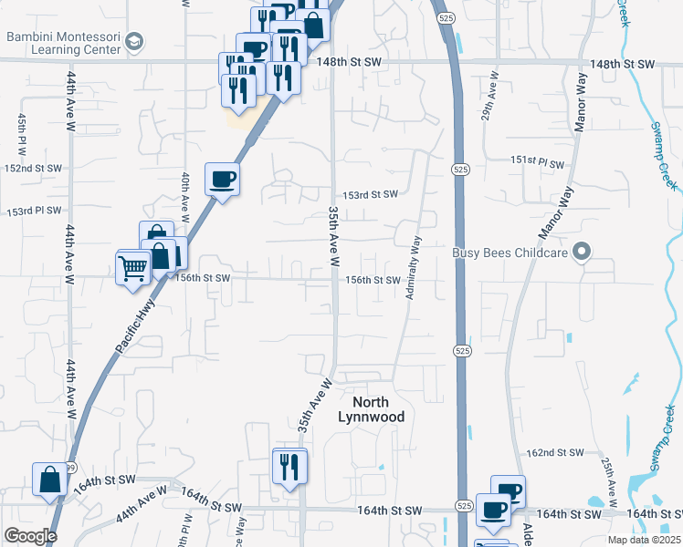 map of restaurants, bars, coffee shops, grocery stores, and more near 3421 156th Street Southwest in Lynnwood