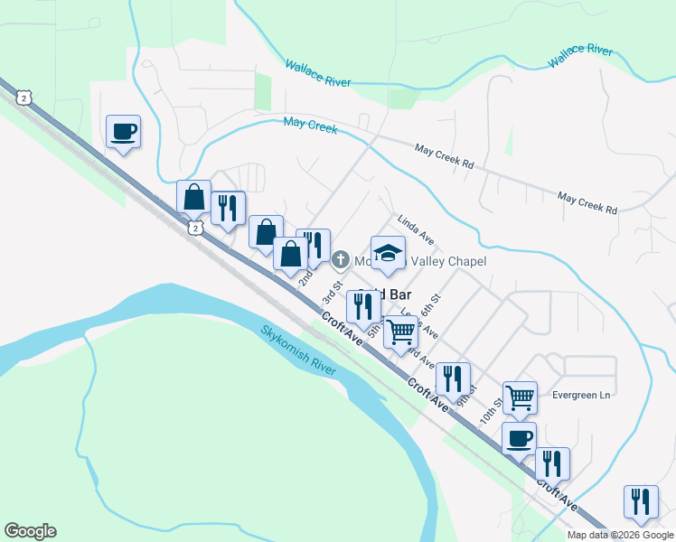 map of restaurants, bars, coffee shops, grocery stores, and more near 230 Lewis Avenue in Gold Bar