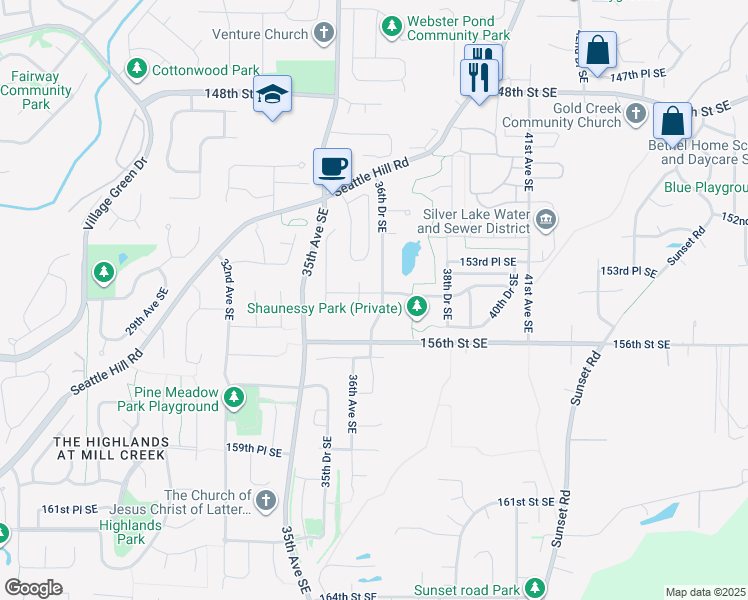map of restaurants, bars, coffee shops, grocery stores, and more near 3614 154th Place Southeast in Mill Creek