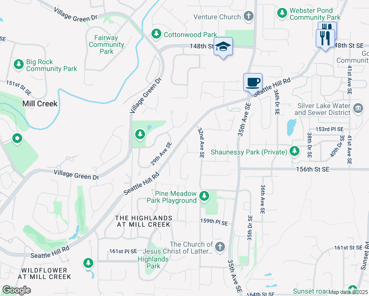 map of restaurants, bars, coffee shops, grocery stores, and more near 15426 30th Drive Southeast in Mill Creek
