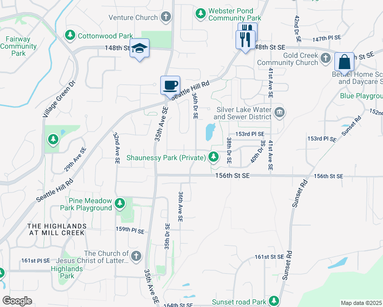 map of restaurants, bars, coffee shops, grocery stores, and more near 3614 154th Place Southeast in Mill Creek