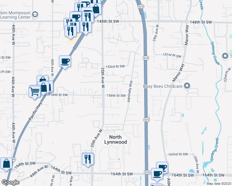 map of restaurants, bars, coffee shops, grocery stores, and more near 3311 156th Street Southwest in Lynnwood
