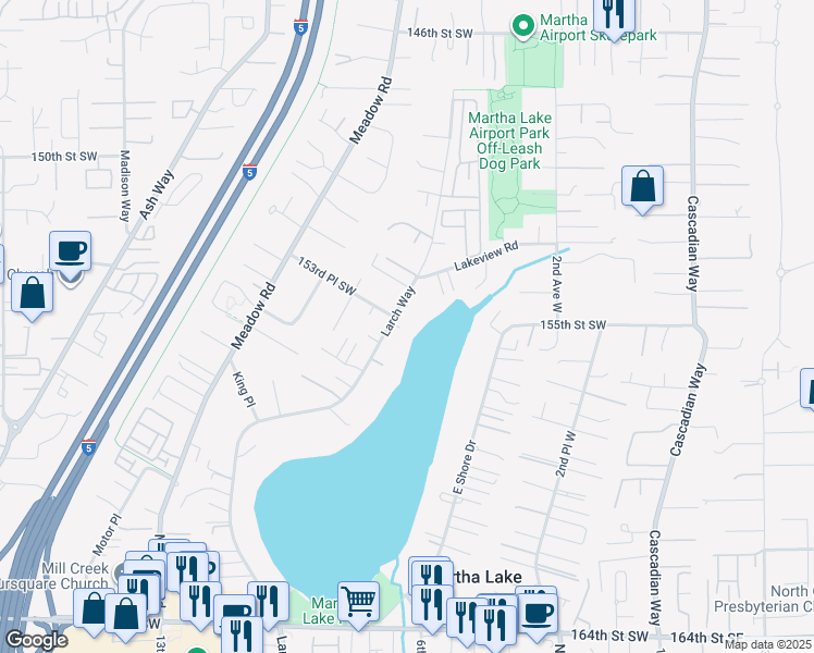 map of restaurants, bars, coffee shops, grocery stores, and more near 15509 Larch Way in Lynnwood