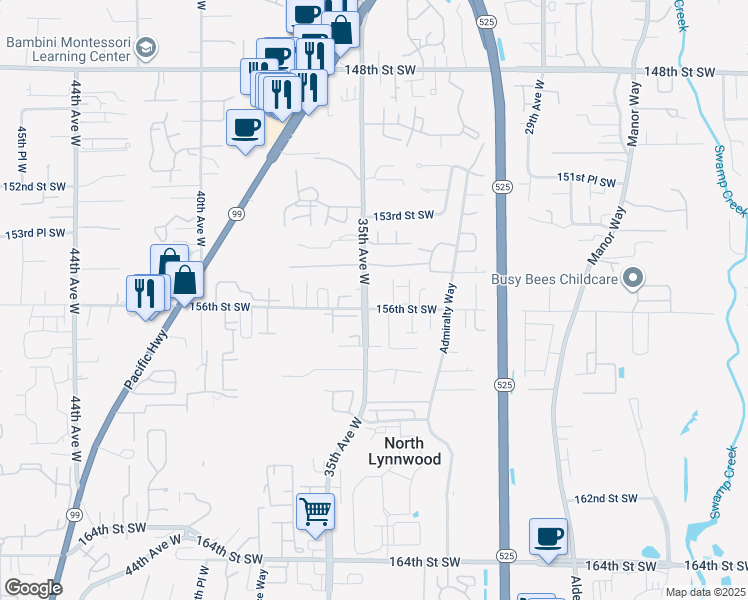 map of restaurants, bars, coffee shops, grocery stores, and more near 3421 156th Street Southwest in Lynnwood