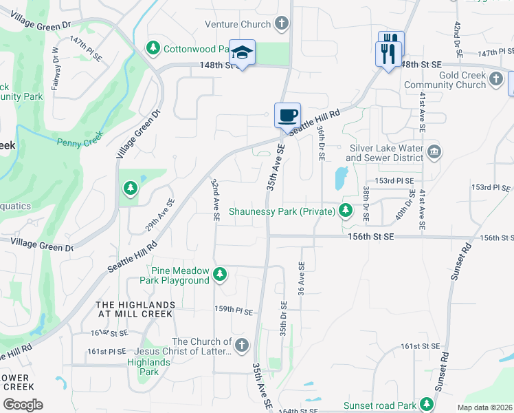 map of restaurants, bars, coffee shops, grocery stores, and more near 15425 34th Avenue Southeast in Mill Creek