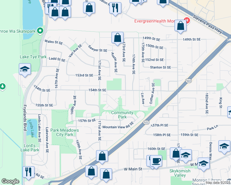 map of restaurants, bars, coffee shops, grocery stores, and more near 17260 154th Street Southeast in Monroe