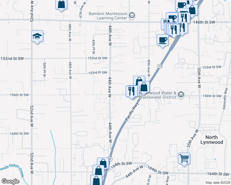 map of restaurants, bars, coffee shops, grocery stores, and more near 4315 156th Street Southwest in Lynnwood
