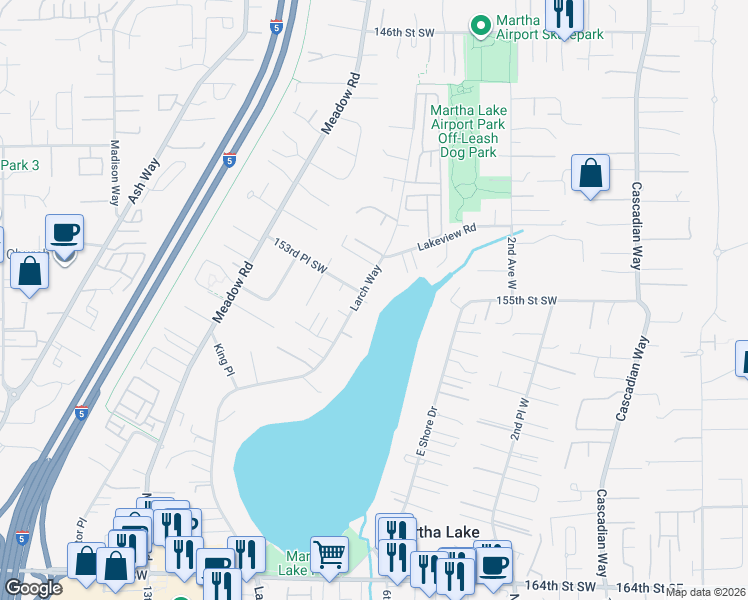map of restaurants, bars, coffee shops, grocery stores, and more near 15509 Larch Way in Lynnwood