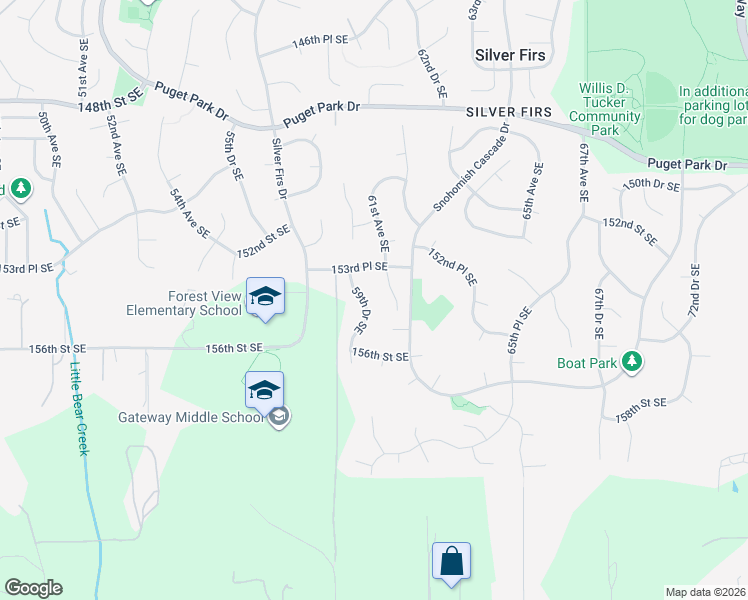 map of restaurants, bars, coffee shops, grocery stores, and more near 15425 59th Drive Southeast in Snohomish