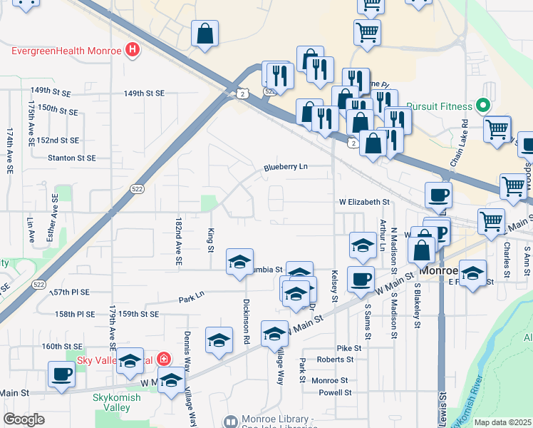 map of restaurants, bars, coffee shops, grocery stores, and more near 700 West Maple Street in Monroe