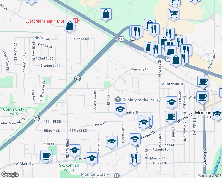 map of restaurants, bars, coffee shops, grocery stores, and more near 15401 King Street in Monroe