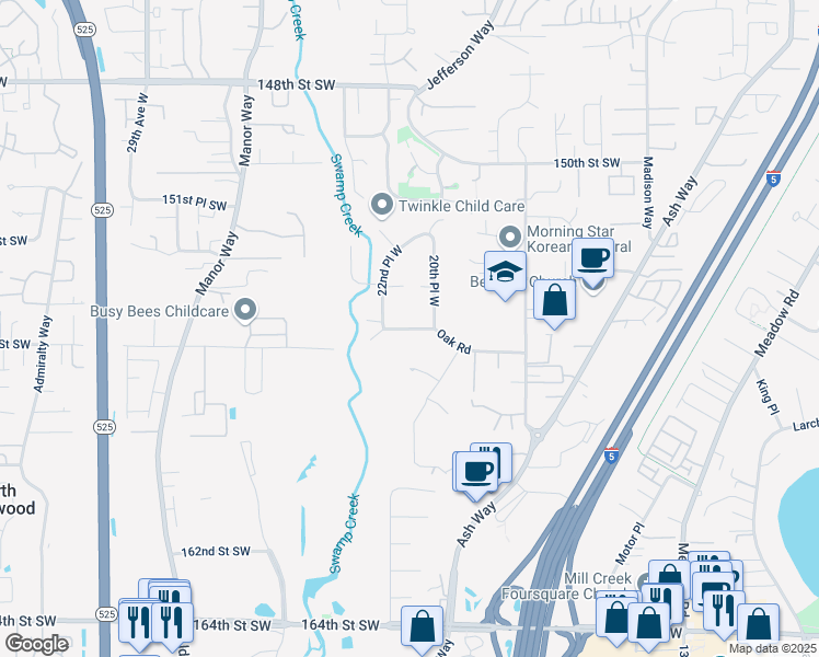 map of restaurants, bars, coffee shops, grocery stores, and more near 2114 Oak Road in Lynnwood