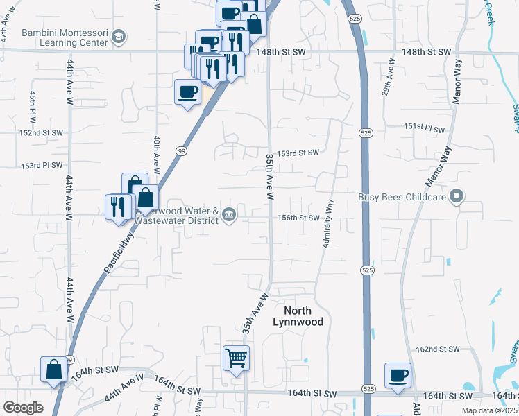 map of restaurants, bars, coffee shops, grocery stores, and more near 3611 156th Street Southwest in Lynnwood