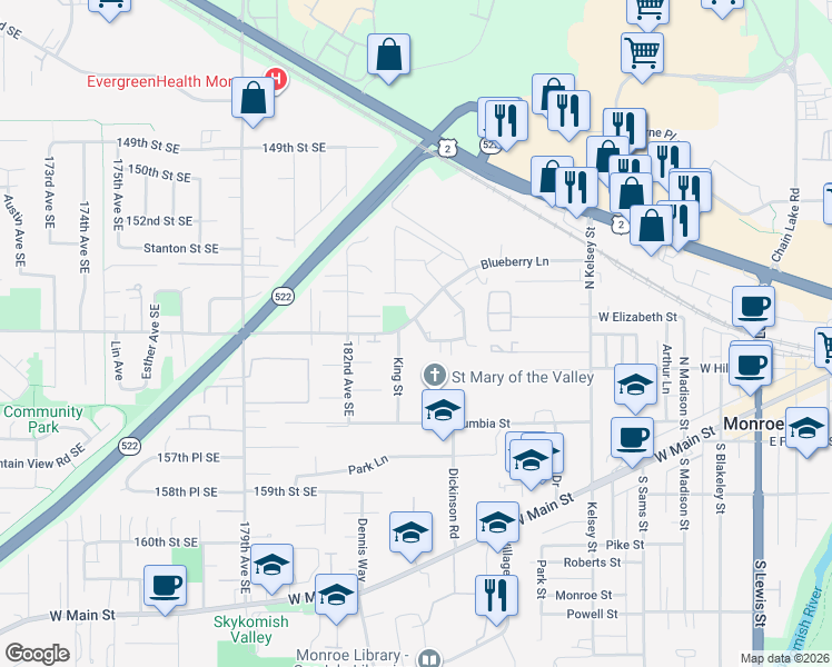 map of restaurants, bars, coffee shops, grocery stores, and more near 15401 King Street in Monroe