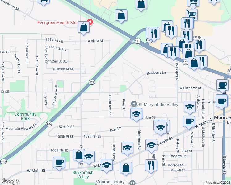 map of restaurants, bars, coffee shops, grocery stores, and more near 18240 Blueberry Lane in Monroe