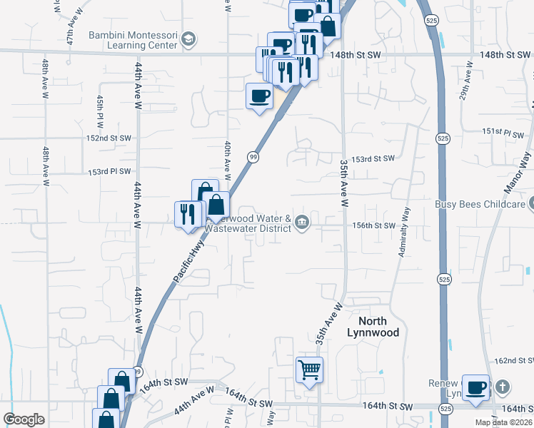 map of restaurants, bars, coffee shops, grocery stores, and more near 15517 40th Avenue West in Lynnwood