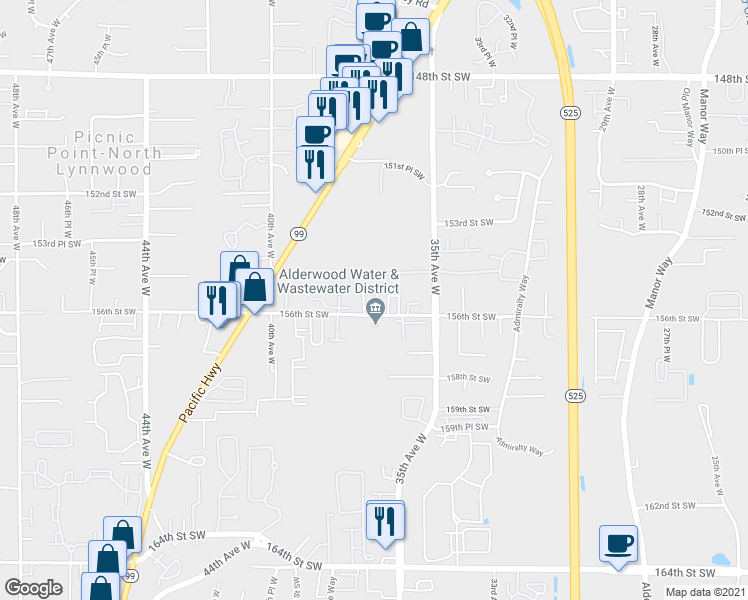 map of restaurants, bars, coffee shops, grocery stores, and more near 3623 156th Street Southwest in Lynnwood